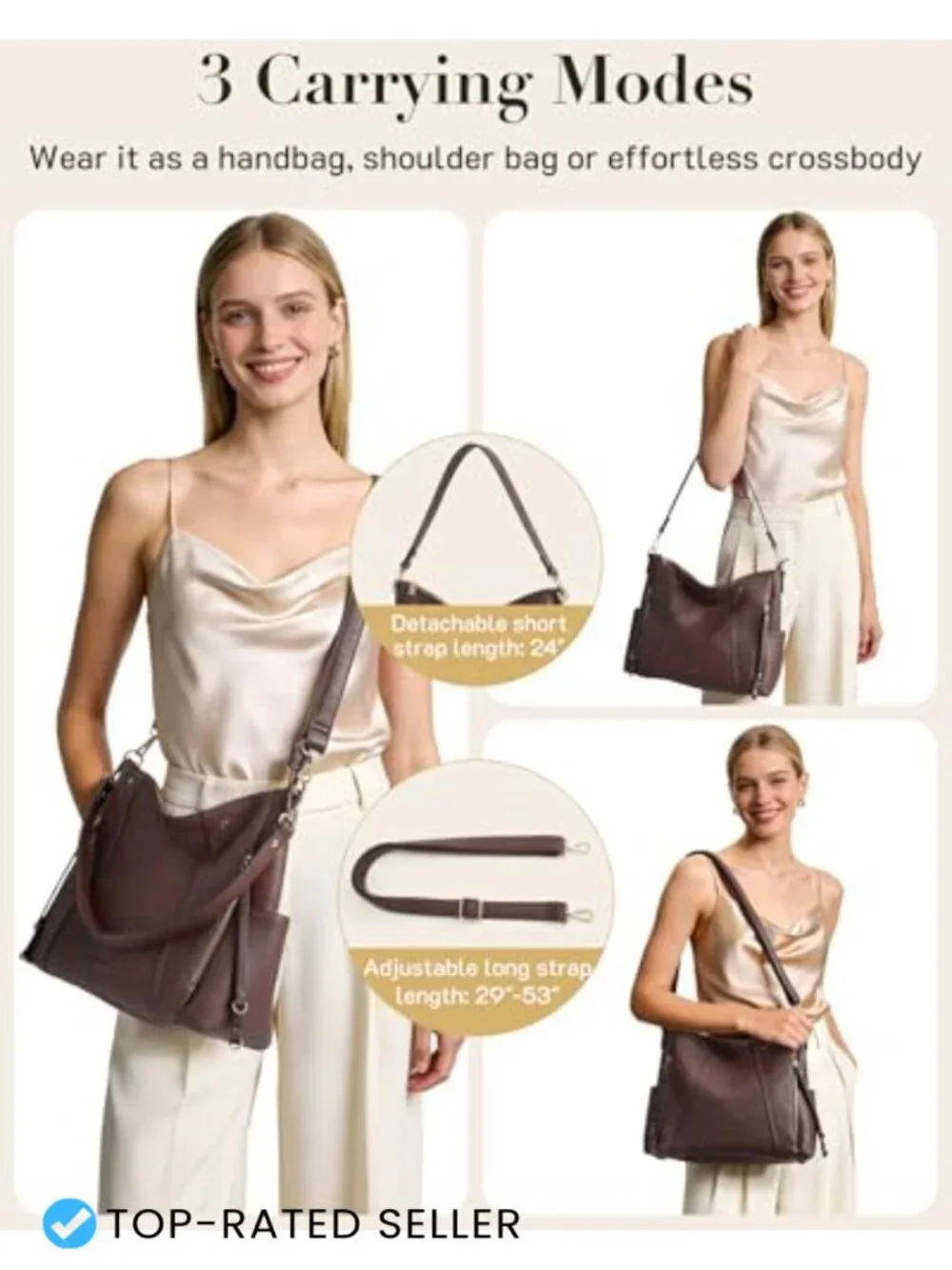 Vegan Leather Hobo Bag with Multi-Pockets Crossbody Shoulder Tote
